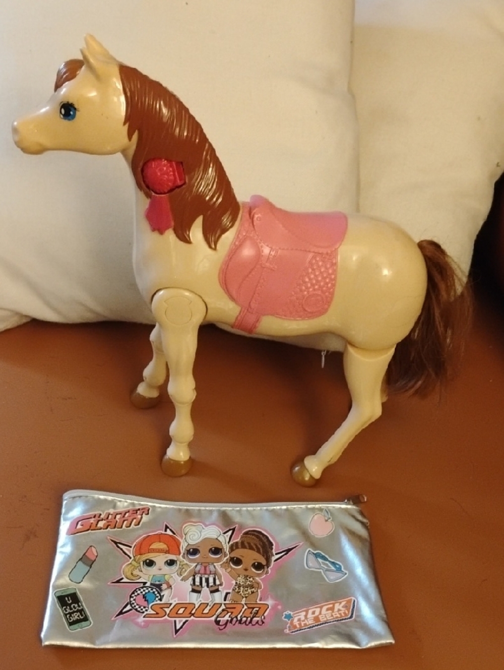 Kids Cream Toy Horse with Pink Saddle and Accessories
